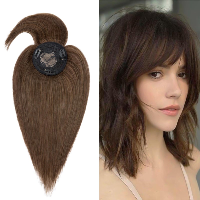 My Lady MYLADY Natural Mono Base Hair Topper with Bangs Medium Brown 100 Real Human Hair Clipin Straight Middle Part 18 Inch 4 - Image 2