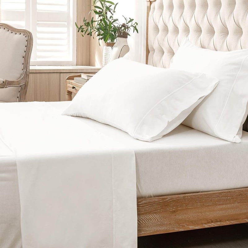 PURE ERA PURE ERA Jersey Knit 4pc Bed Sheet Set 100% T-Shirt Cotton Super Soft Comfy Breathable Fits Mattress Up to 20"" Extra Deep Pocket (Solid Bright White  Full)  - Image 5
