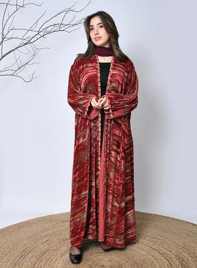 عبايات حوراء عباية شتوية مخملية حمراء مزخرفة – تصميم فخم من عبايات حوراء