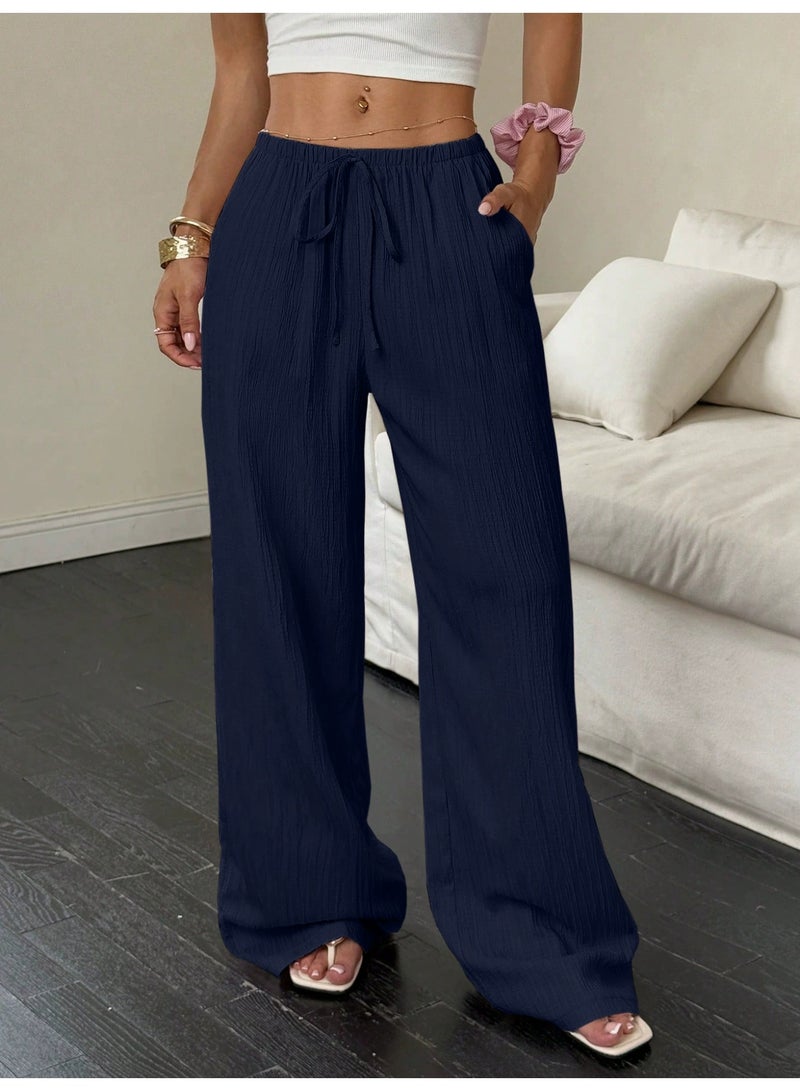 general 2025-2026 Women's casual solid-textured fabric knotted waist slant pocket wide-leg pants - Image 1