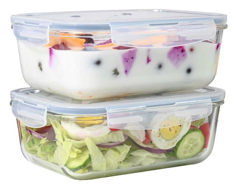Le'raze 4pc Set - 128oz / 8 Cup / 3785ml - Large Glass Food Storage Containers with Airtight Snap Locking Lids, Meal Prep Lunch Bowl, Clear Stackable Pantry Organizer - Microwave Oven Baking & Dishwasher Safe - Image 1