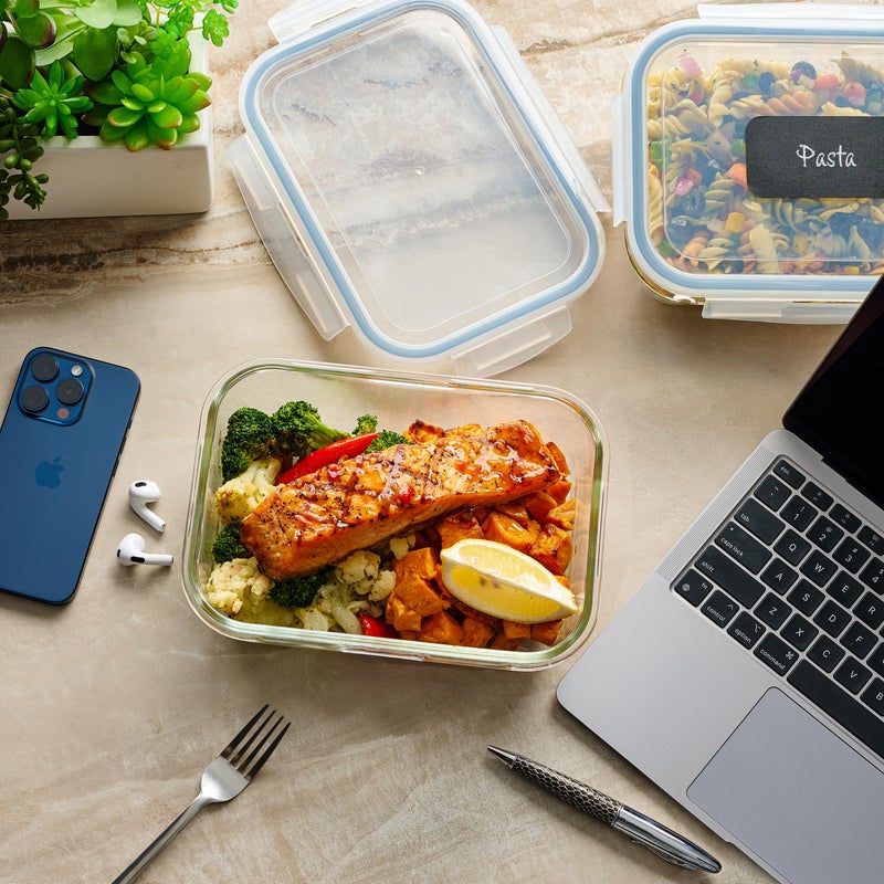 Le'raze 4pc Set - 128oz / 8 Cup / 3785ml - Large Glass Food Storage Containers with Airtight Snap Locking Lids, Meal Prep Lunch Bowl, Clear Stackable Pantry Organizer - Microwave Oven Baking & Dishwasher Safe - Image 5