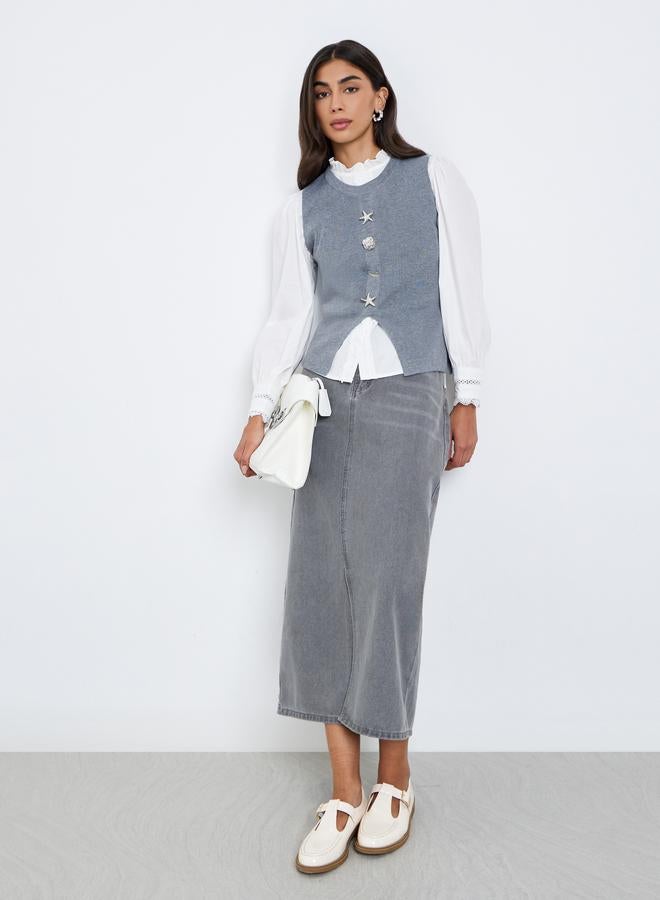 Styli Grey Knit Sleeveless Vest With Metal Accent - Image 2