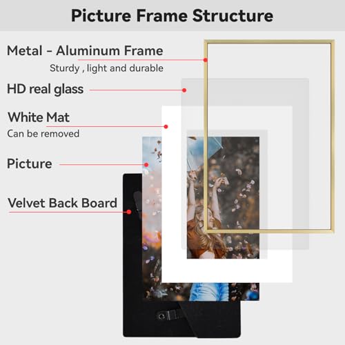 BKABOT 8x12 Picture Frame, Brass Metal Photo Frames with HD Glass, Fits 6x8 with Mat or 8 x 12 without Mat, Display for Wall and Table, 1 Pack - Image 4