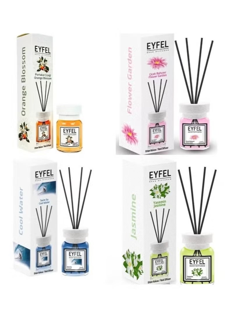 EYFEL Pack of 4 Reed Diffusers, 120ml Each, Assorted Fragrances (Orange Blossom, Flower Garden, Cool Water, Jasmine) - Image 1