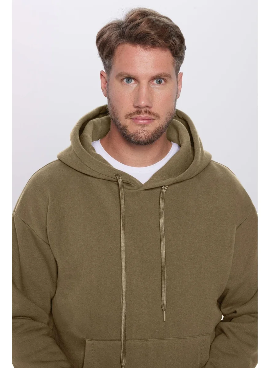 Tudors Unisex Oversize Wide Cut Cotton Soft Textured Polar Fleece Basic Khaki Hooded Sweatshirt