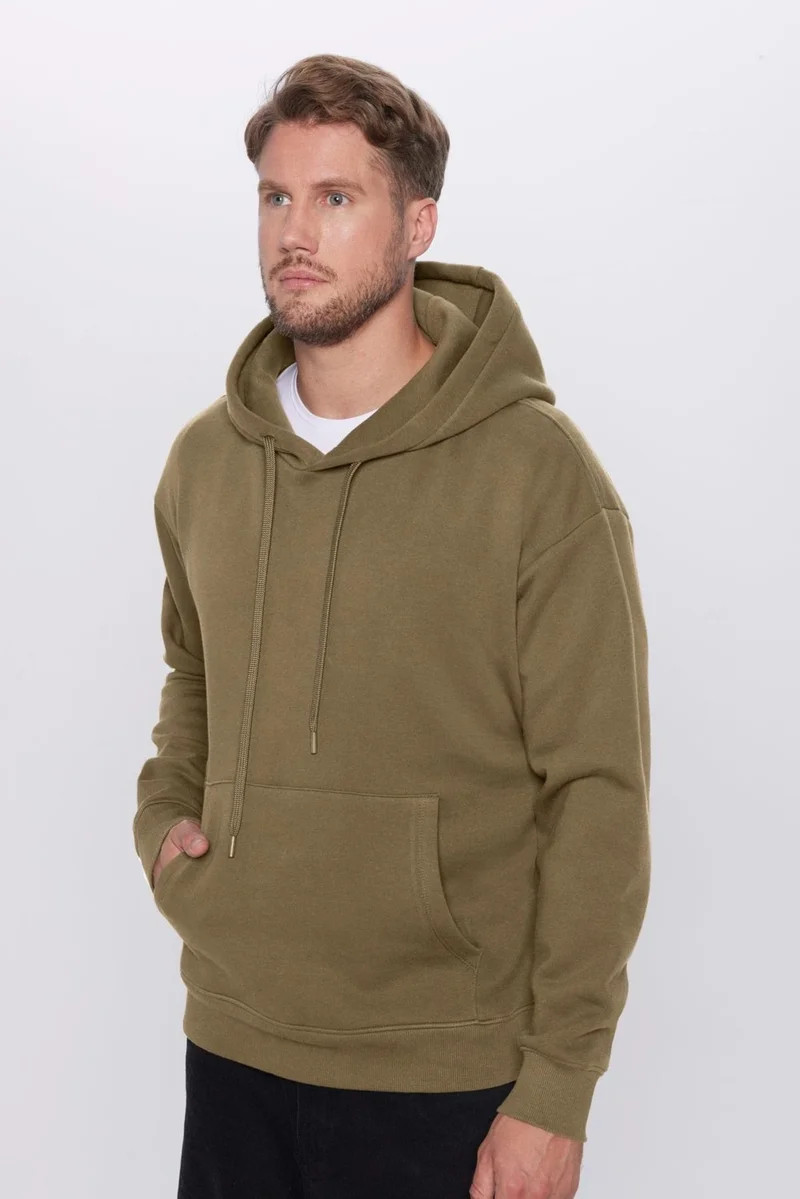Tudors Unisex Oversize Wide Cut Cotton Soft Textured Polar Fleece Basic Khaki Hooded Sweatshirt