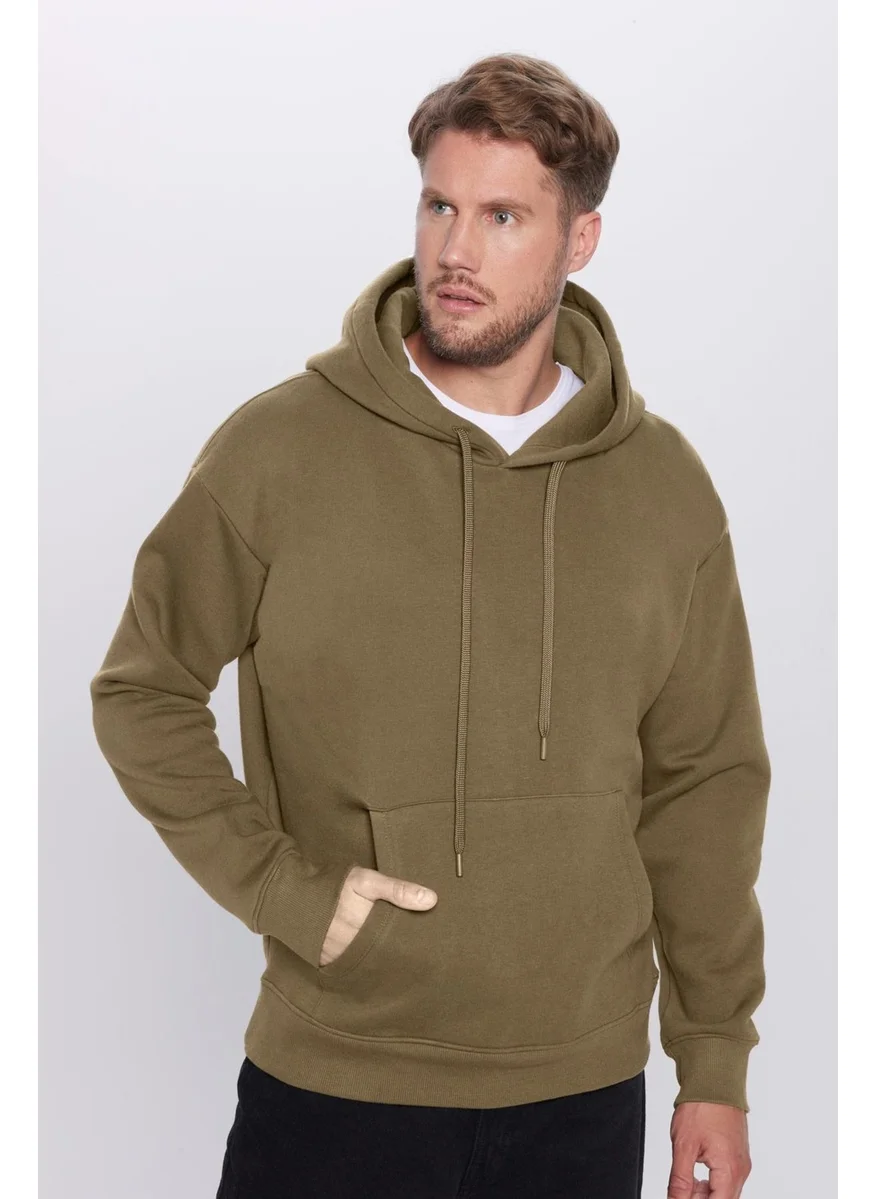 Tudors Unisex Oversize Wide Cut Cotton Soft Textured Polar Fleece Basic Khaki Hooded Sweatshirt