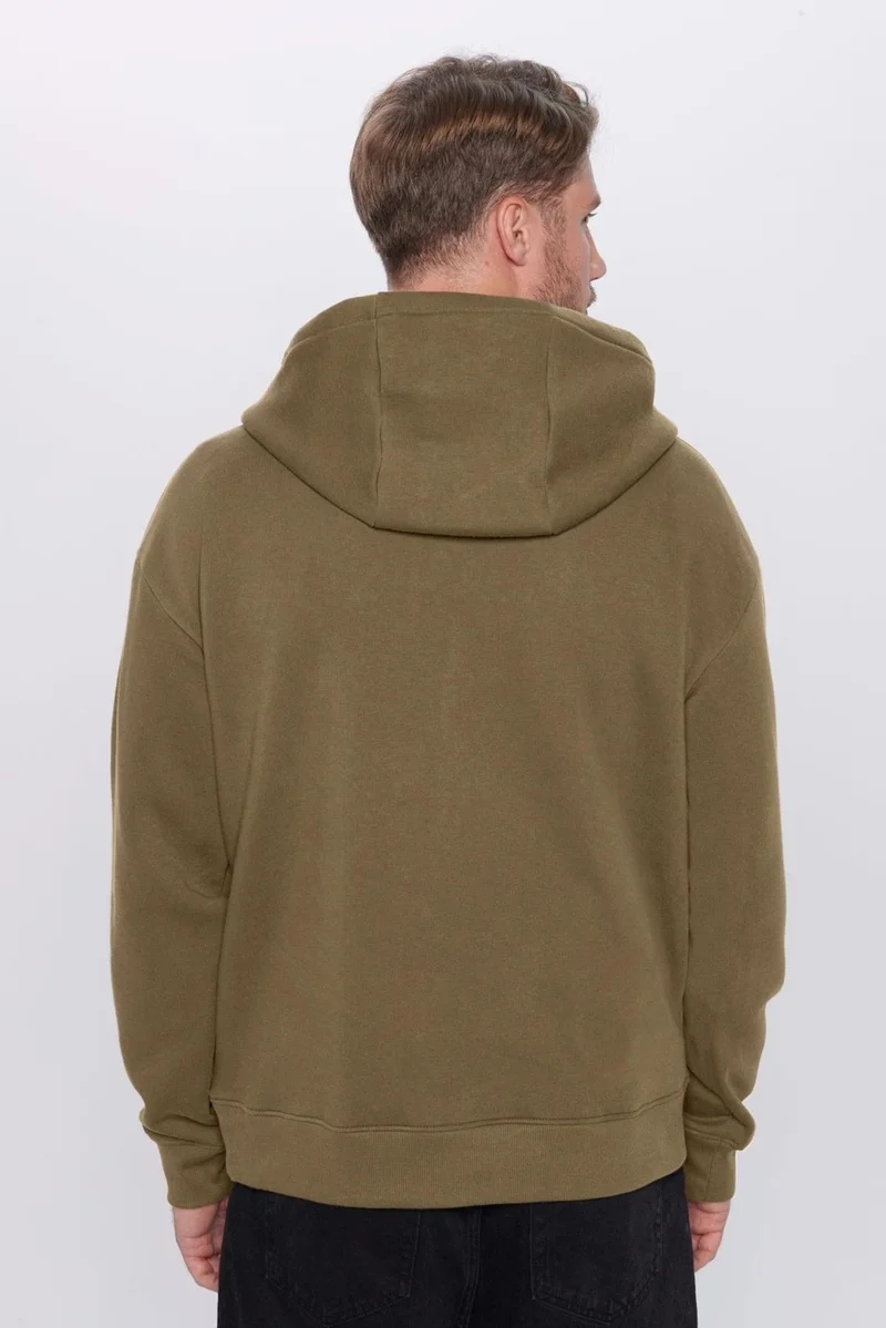 Tudors Unisex Oversize Wide Cut Cotton Soft Textured Polar Fleece Basic Khaki Hooded Sweatshirt