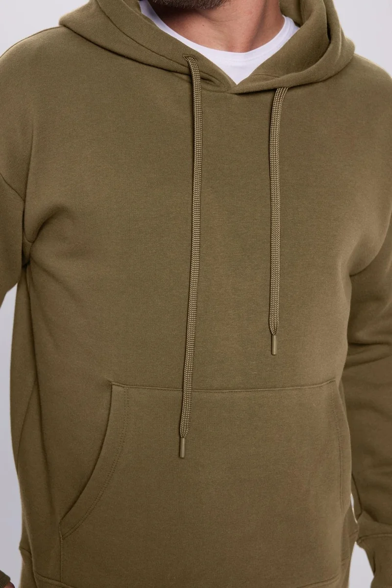 Tudors Unisex Oversize Wide Cut Cotton Soft Textured Polar Fleece Basic Khaki Hooded Sweatshirt