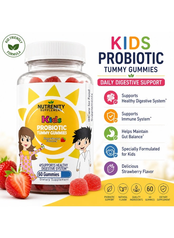 Nutrenity Kids Probiotic Tummy Gummies Strawberry Flavor – Digestive Support Supplement for Children – 60 Gummies - Image 1