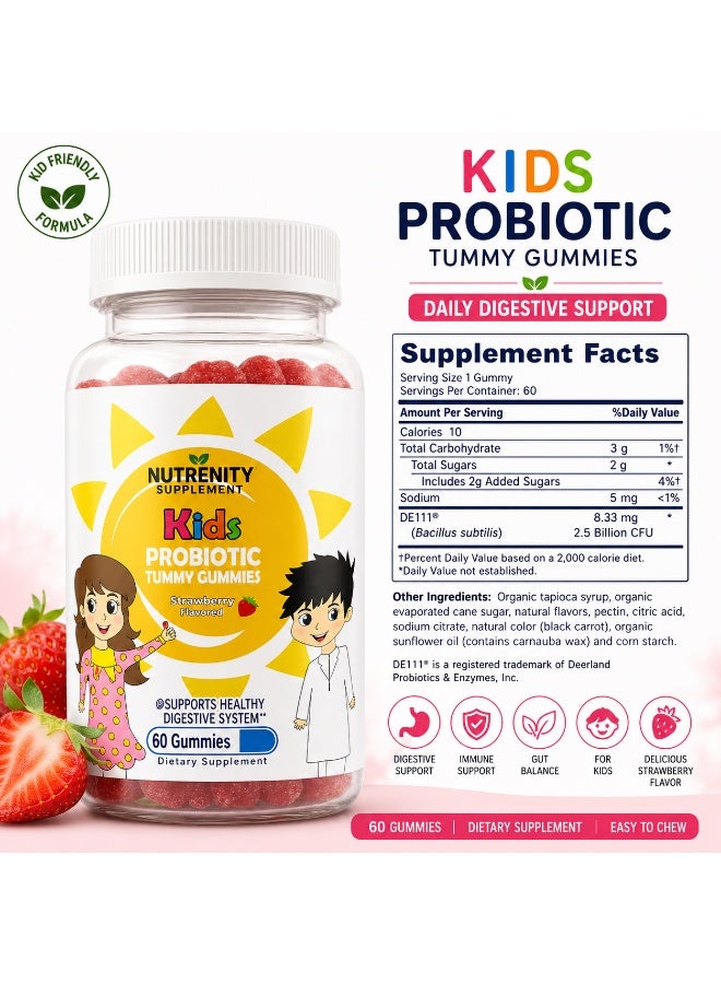 Nutrenity Kids Probiotic Tummy Gummies Strawberry Flavor – Digestive Support Supplement for Children – 60 Gummies - Image 2