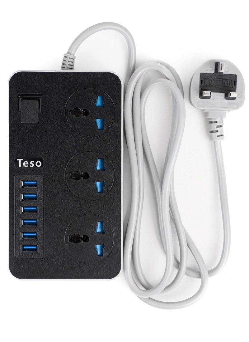 تيسو - سلك تمديد أسلاك توصيل الكهرباء 3 منافذ مقبس شحن مع 6 منافذ USB مقبس شحن عالمي 2 متر سلك تمديد جريء - Image 1