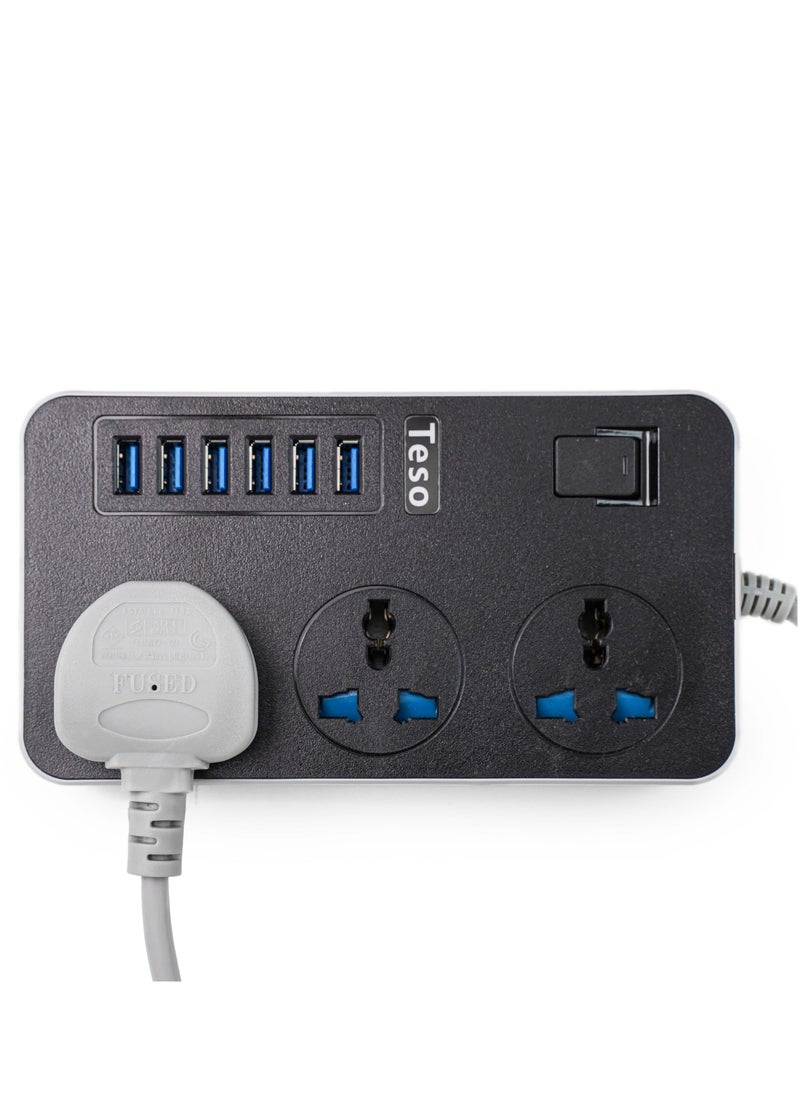 تيسو - سلك تمديد أسلاك توصيل الكهرباء 3 منافذ مقبس شحن مع 6 منافذ USB مقبس شحن عالمي 2 متر سلك تمديد جريء - Image 1