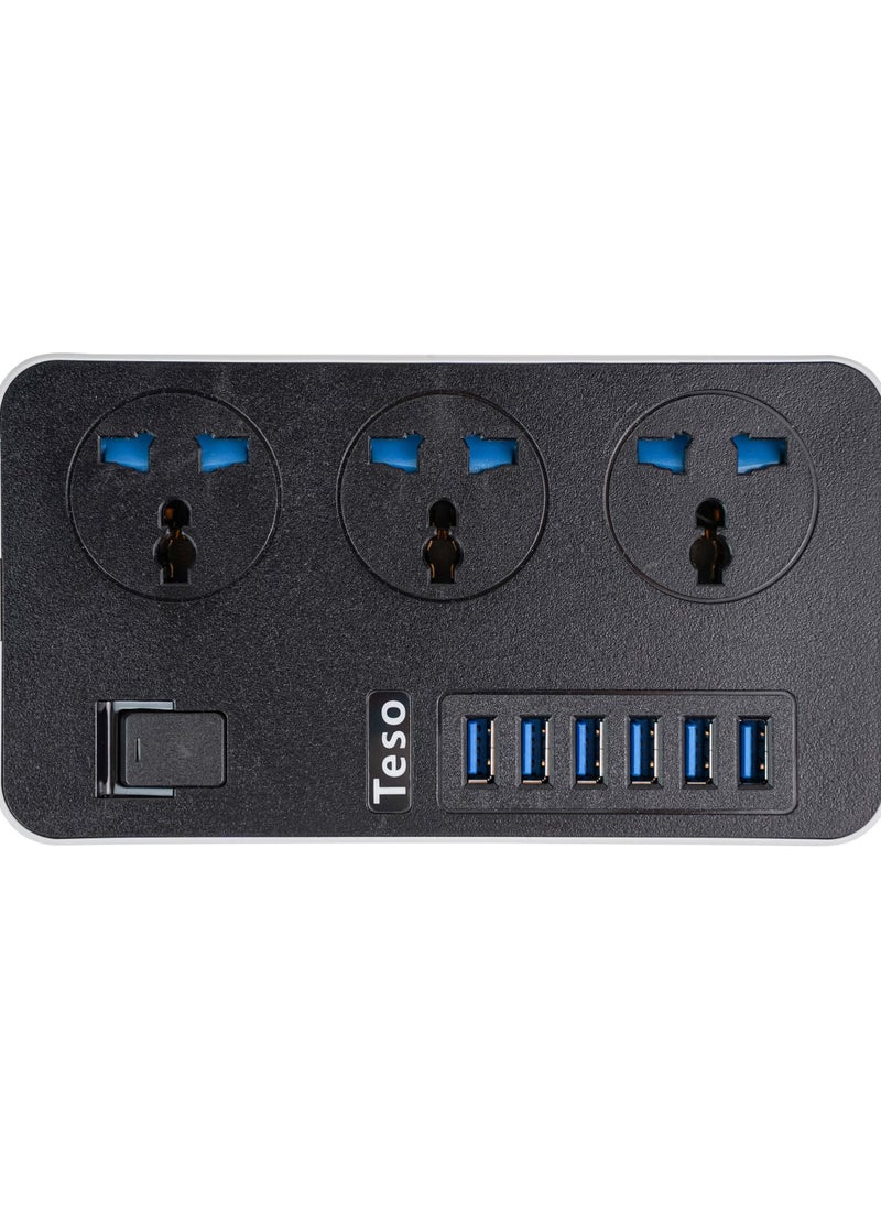 تيسو - سلك تمديد أسلاك توصيل الكهرباء 3 منافذ مقبس شحن مع 6 منافذ USB مقبس شحن عالمي 2 متر سلك تمديد جريء - Image 1