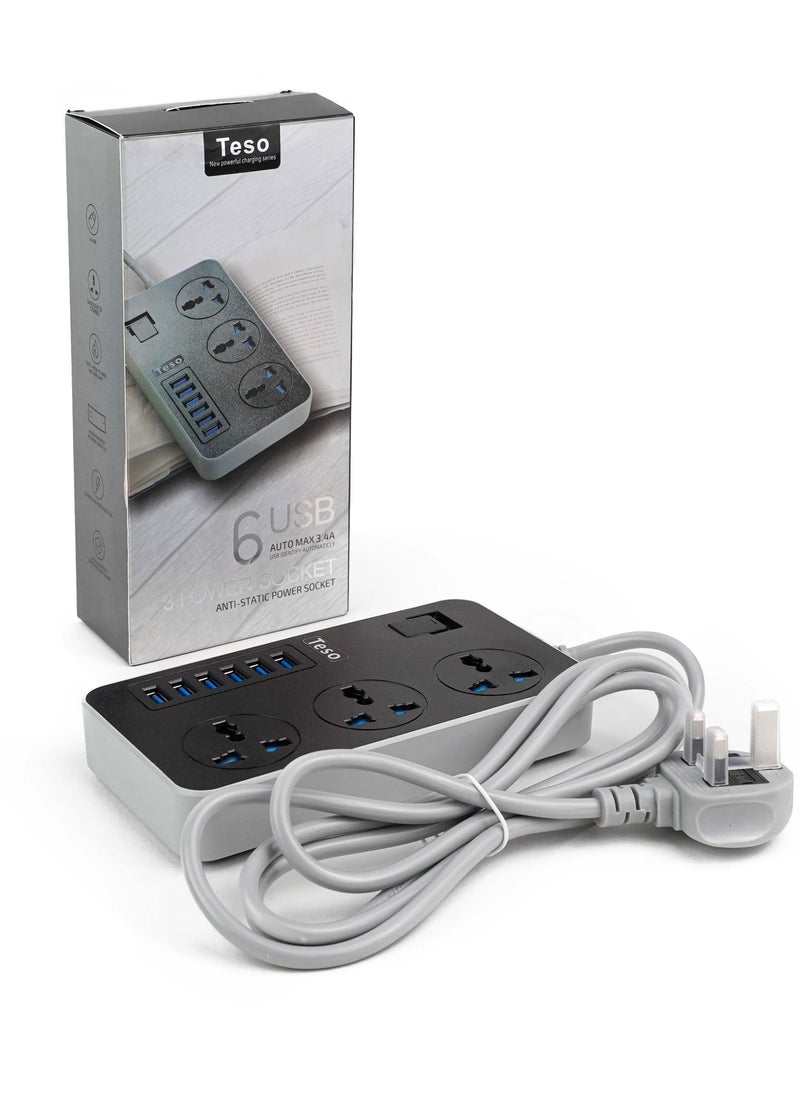 تيسو - سلك تمديد أسلاك توصيل الكهرباء 3 منافذ مقبس شحن مع 6 منافذ USB مقبس شحن عالمي 2 متر سلك تمديد جريء - Image 1