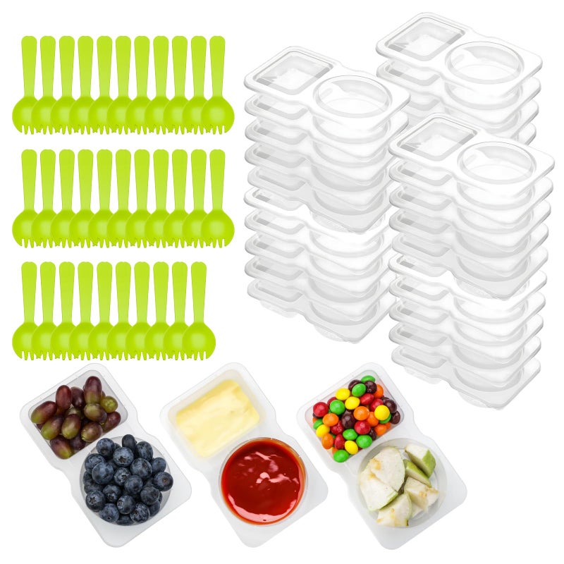 IGOYE 64 Pcs Reusable Snack Containers, 32 Sets Condiment Container and 32 Spoon, Double Compartment Dipping Containers with Lids, Portion Control, Outdoor Takeaway Sauce Dip Case, BPA-Free, Microwave Safe - Image 1