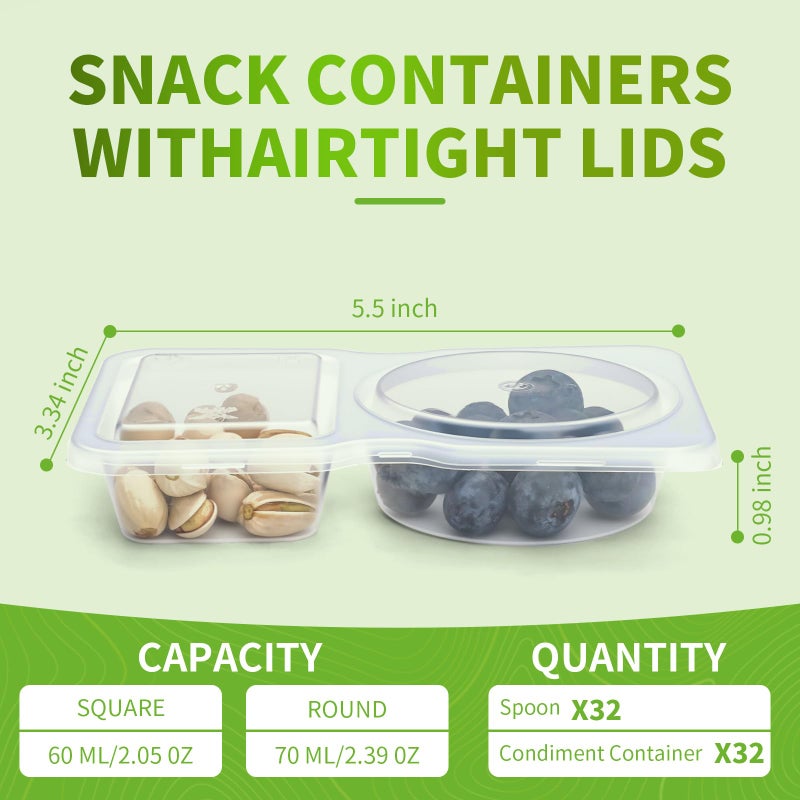 IGOYE 64 Pcs Reusable Snack Containers, 32 Sets Condiment Container and 32 Spoon, Double Compartment Dipping Containers with Lids, Portion Control, Outdoor Takeaway Sauce Dip Case, BPA-Free, Microwave Safe - Image 4
