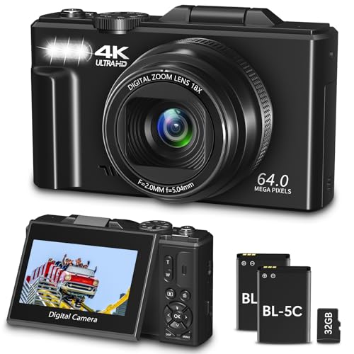 Gavonde Digital Camera for Photography, WiFi 64MP 4K Vlogging Camera for YouTube, 3" 180° Flip Screen 18X Digital Zoom Compact Vlog Travel Cameras with 32GB TF Card & 2 Batteries, Black - Image 1