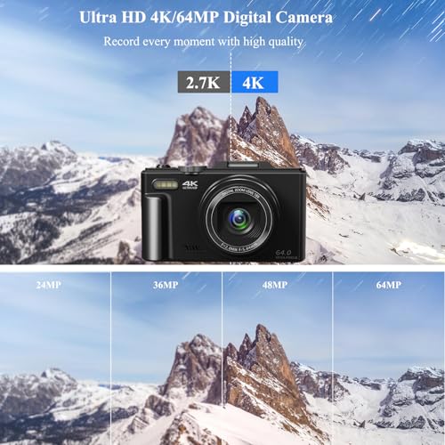 Gavonde Digital Camera for Photography, WiFi 64MP 4K Vlogging Camera for YouTube, 3" 180° Flip Screen 18X Digital Zoom Compact Vlog Travel Cameras with 32GB TF Card & 2 Batteries, Black - Image 3