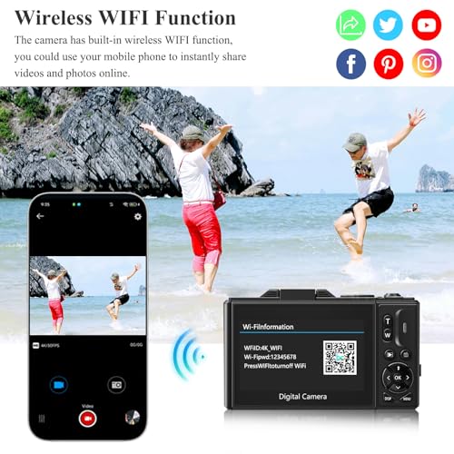 Gavonde Digital Camera for Photography, WiFi 64MP 4K Vlogging Camera for YouTube, 3" 180° Flip Screen 18X Digital Zoom Compact Vlog Travel Cameras with 32GB TF Card & 2 Batteries, Black - Image 2