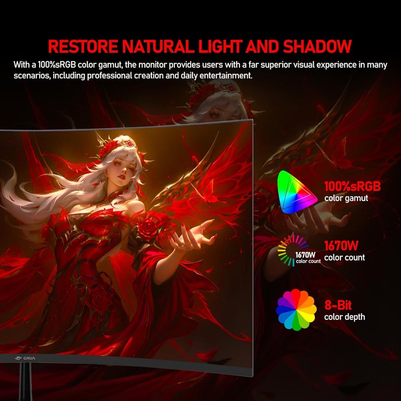 CRUA 32" inch 2K 180Hz Gaming Monitor QHD(2560x1440) Curved 1800R Computer Display Screen 1440P Fast 1ms(GTG) 100% sRGB FreeSync Suitable for e-sports games, photo and video editing, business - Image 5