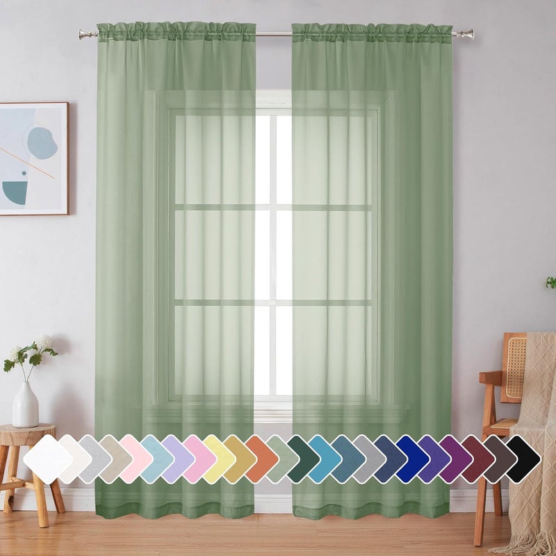 SimpleBrand Sage Green Sheer Curtains 90 Inches Long 2 Panels, Light Filtering Rod Pocket Solid Color Window Sheer Curtain Panels, Elegant Curtains & Drapes for Living Room, Bedroom, 42" W x 90" L - Image 1