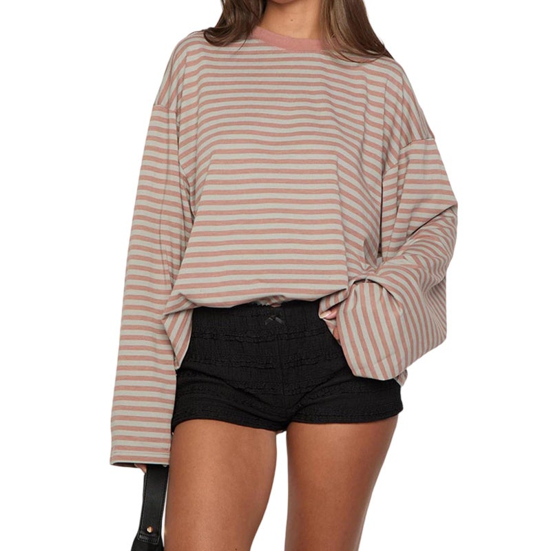 KOSUSANILL Striped Long Sleeve Shirt Women Oversized Baggy Tshirt Crewneck Boxy Cropped Tee Tops Drop Shoulder Y2K Cute Preppy Sweatshirt Vintage Teen Girls Fall Pullover Top (Pink, L) - Image 1