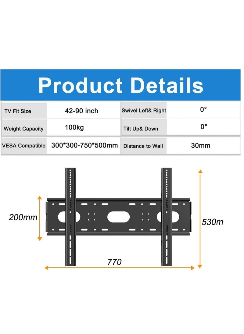 TV Wall Mount for Most 42-90 Inch TVs, Ultra Slim Support TV Mural Up to VESA 750x500mm Heavy Duty 220lbs Load, TV Wall Holder Fits 50 55 65 75 80 85" Large Screen Wall Mount Bracket - Image 4