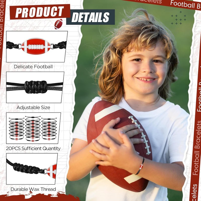 Sureio 20 Pcs Football Bracelets Party Favors Football Gifts Bulk Unisex Sports Bracelets Adjustable Charm Braided Rope for Women Men Teens Sport Team PlayersBlack - Image 3