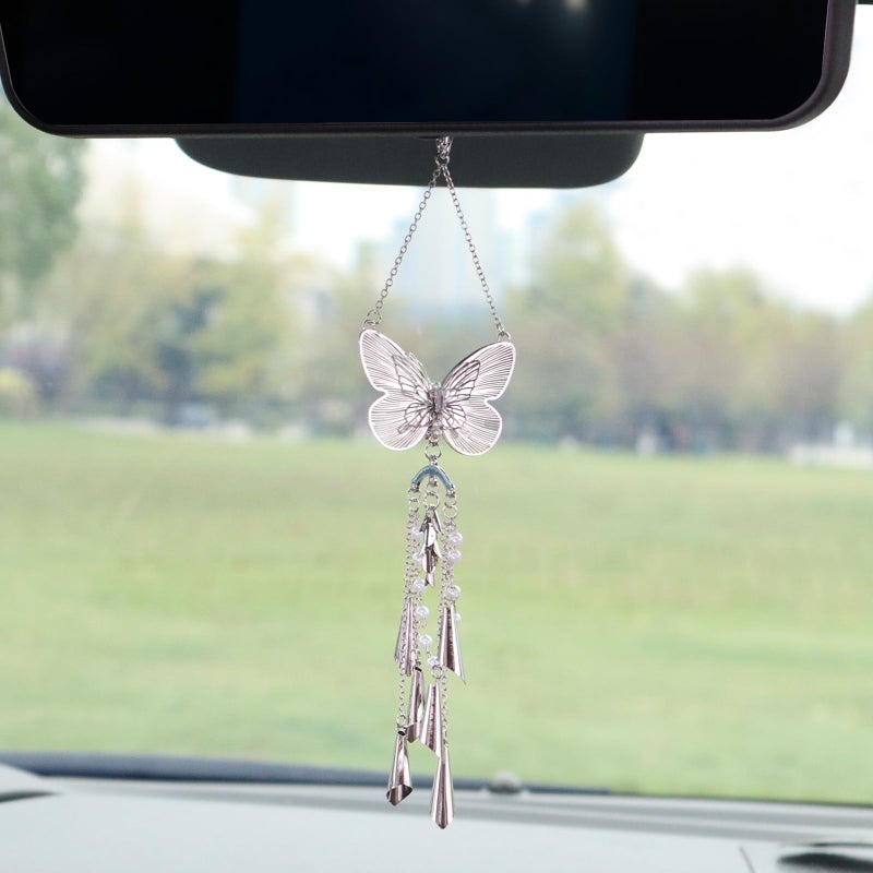 ORIESSE Butterfly Car DecorCute Hanging Car Charms for Rear View MirrorSilver Butterfly Wind Chime Dangling Aesthetic Ornament Pendant for Women - Image 2
