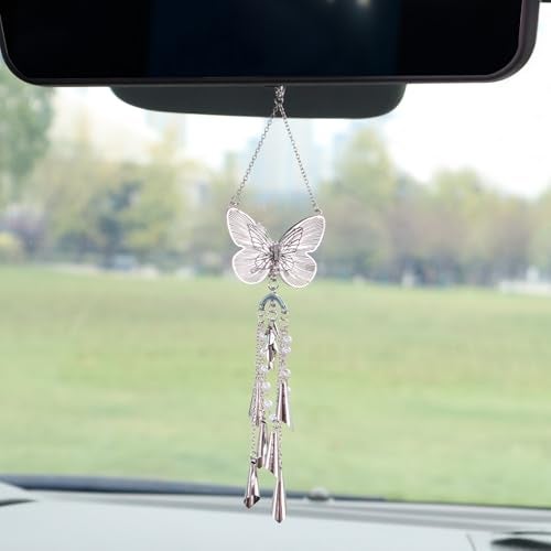 ORIESSE Butterfly Car DecorCute Hanging Car Charms for Rear View MirrorSilver Butterfly Wind Chime Dangling Aesthetic Ornament Pendant for Women - Image 1