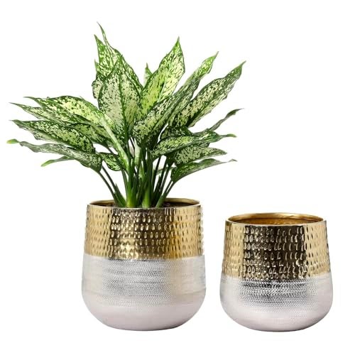 MyGift Round Two-Toned Indoor Planter Pot, Hammered Brass and Milled Embossed Silver Tone Metal Planter Vase, Set of 2 - Handcrafted in India - Image 1