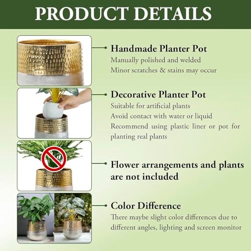 MyGift Round Two-Toned Indoor Planter Pot, Hammered Brass and Milled Embossed Silver Tone Metal Planter Vase, Set of 2 - Handcrafted in India - Image 5