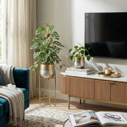 MyGift Round Two-Toned Indoor Planter Pot, Hammered Brass and Milled Embossed Silver Tone Metal Planter Vase, Set of 2 - Handcrafted in India - Image 4