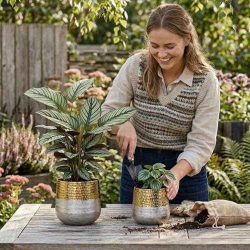MyGift Round Two-Toned Indoor Planter Pot, Hammered Brass and Milled Embossed Silver Tone Metal Planter Vase, Set of 2 - Handcrafted in India - Image 3