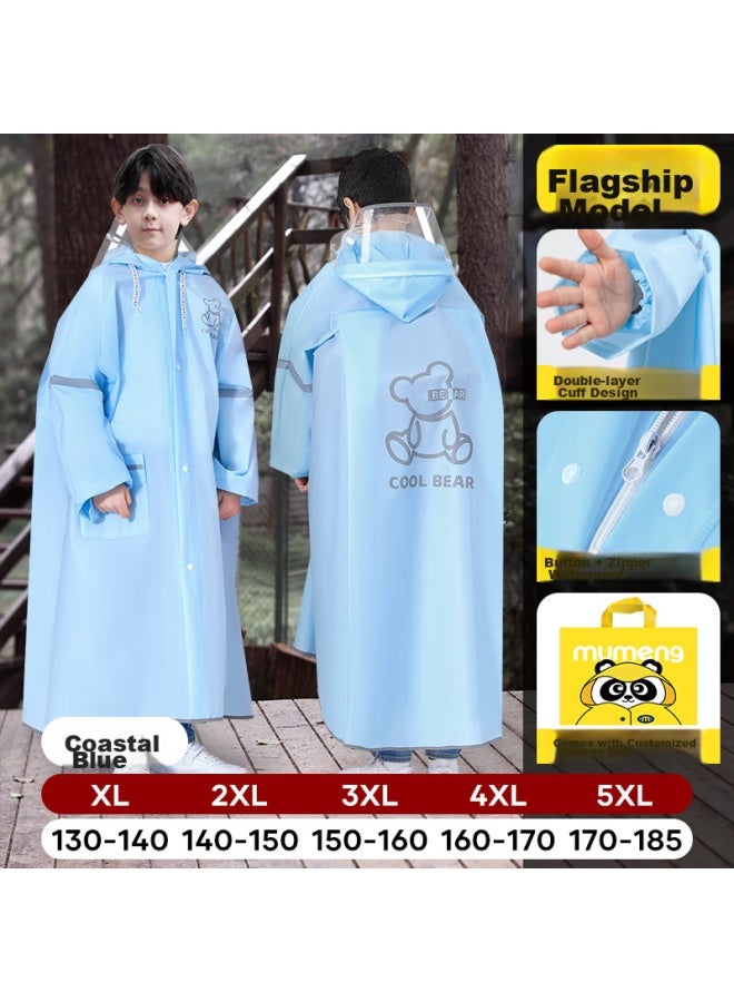 Moremerry Children's Raincoat For Boys And Girls, Students' School Backpack Poncho With Cartoon Design, Fresh Blue Thickened Version, 2XL - Image 1