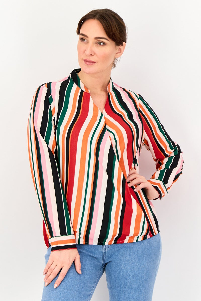VERO MODA I Scenery by Vero Moda Women Lettuce Neck Stripe Long Sleeve Blouse, Multicolor - Image 1