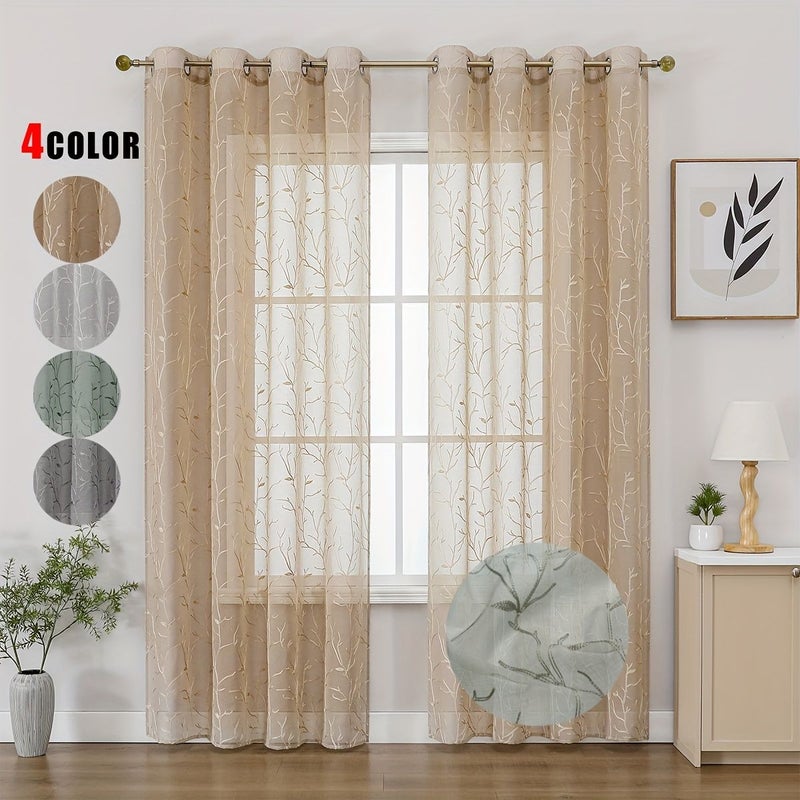 2 Piece Bohemian Coffee Color Branch Embroidery French Country Floral Semi Sheer Fiber Curtains 140x260 For Kitchen Bedroom Living Room Machine Washable Window Decor - Image 1