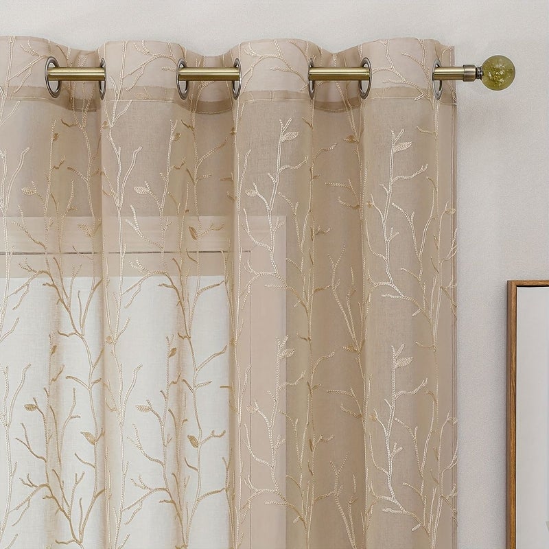 2 Piece Bohemian Coffee Color Branch Embroidery French Country Floral Semi Sheer Fiber Curtains 140x260 For Kitchen Bedroom Living Room Machine Washable Window Decor - Image 2