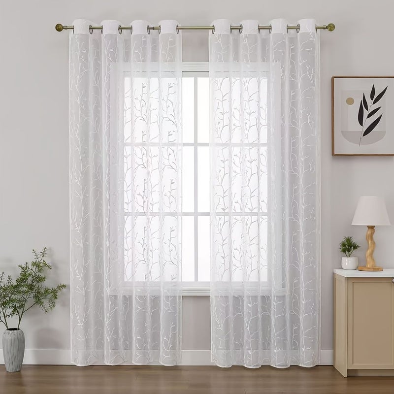 2 Piece Bohemian Coffee Color Branch Embroidery French Country Floral Semi Sheer Fiber Curtains 140x260 For Kitchen Bedroom Living Room Machine Washable Window Decor - Image 5