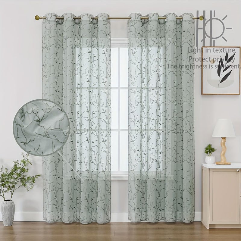 2 Piece Bohemian Coffee Color Branch Embroidery French Country Floral Semi Sheer Fiber Curtains 140x260 For Kitchen Bedroom Living Room Machine Washable Window Decor - Image 4