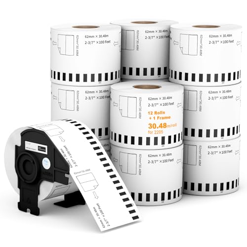 Labelebal (12 Rolls + 1 Frame, 30.48m Labels/Roll) Labelebal Dk 2-3/7" x 100' Direct Thermal Continuous Length Labels Replacement for DK-2205 Shipping Mailing Postage Compatible for Brother QL Printer - Image 1