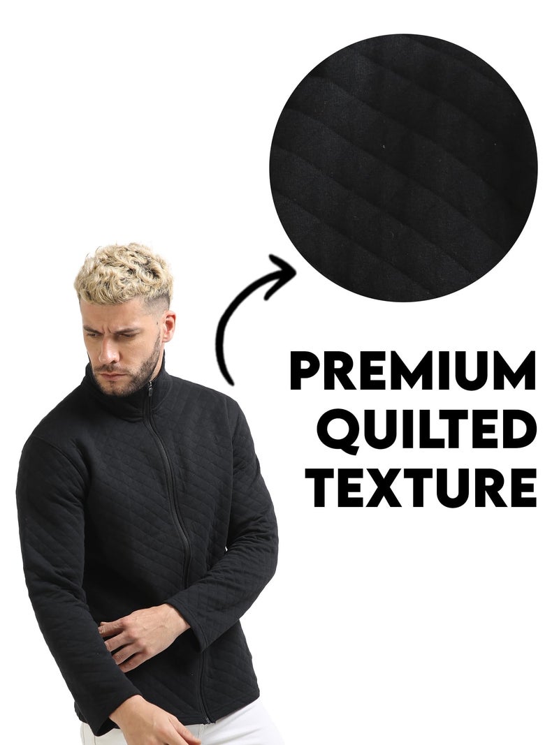 fanideaz Mens Stylize Diamond Cut Bomber Standard Length Cotton Blend Jackets For Mens_Black Grindle_Medium - Image 2