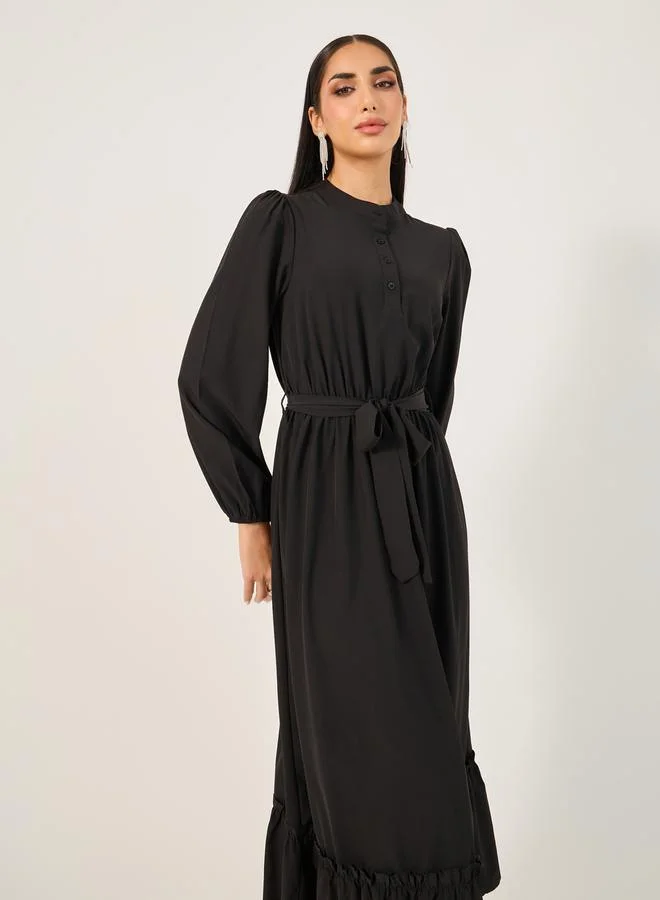 Take Two Solid Cuffed Sleeves Ruffle Hem Jalabiya by Styli