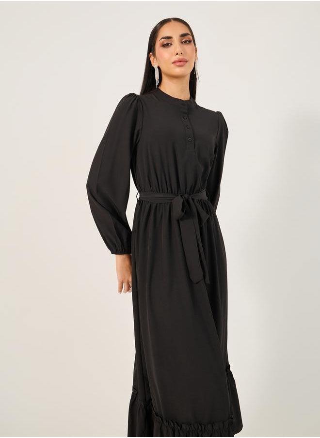 Take Two Solid Cuffed Sleeves Ruffle Hem Jalabiya by Styli  - Image 3