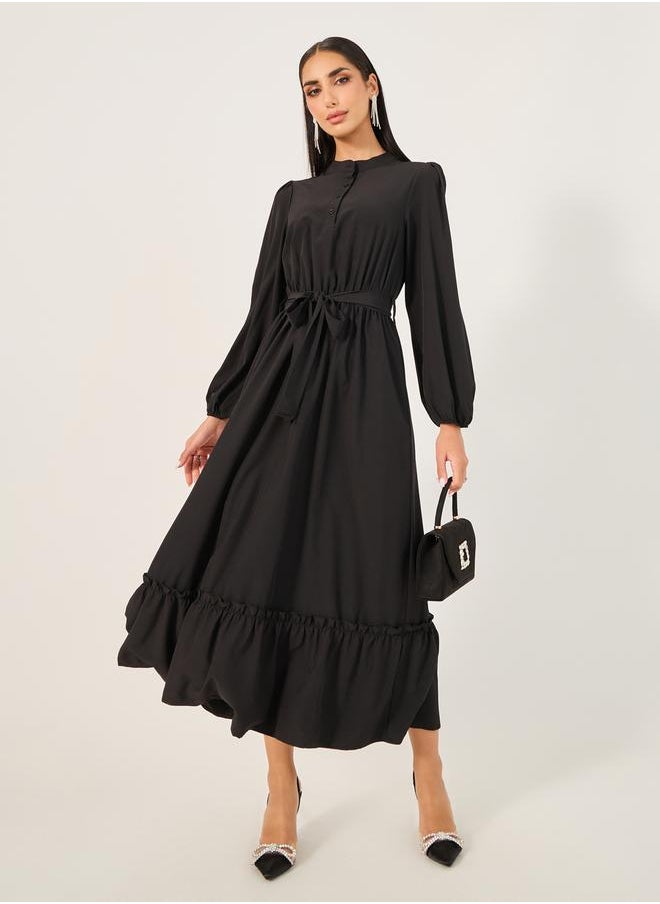 Take Two Solid Cuffed Sleeves Ruffle Hem Jalabiya by Styli  - Image 1