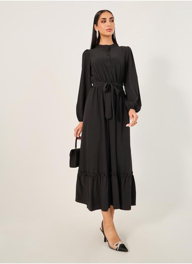 Take Two Solid Cuffed Sleeves Ruffle Hem Jalabiya by Styli  - Image 2