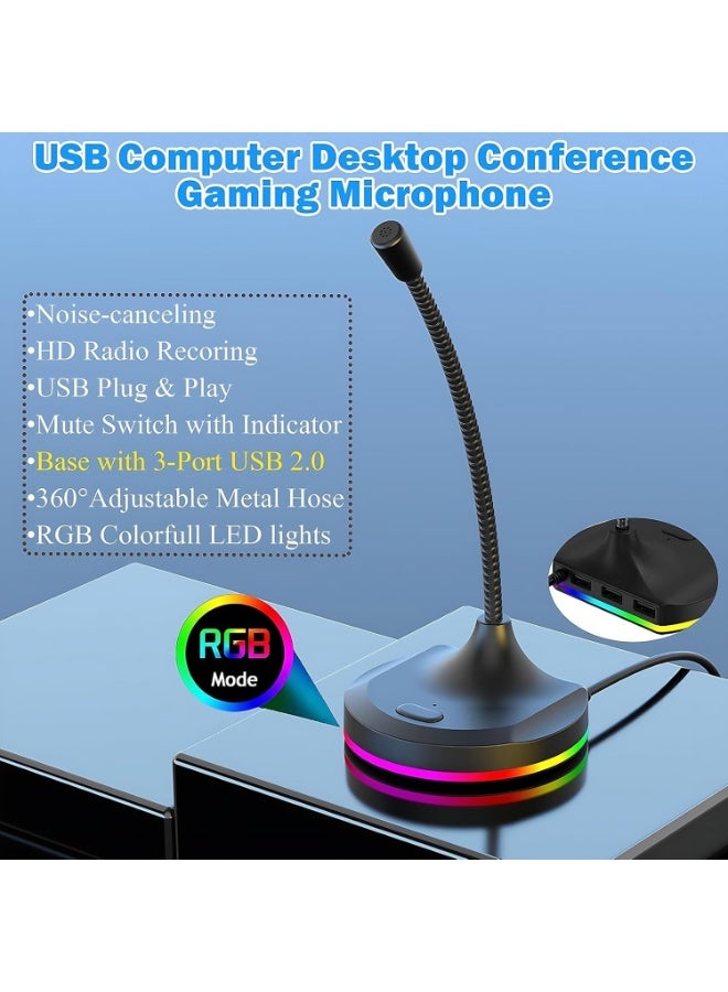 Hedge 2-in-1 USB Desktop Microphone with 3-Port USB 2.0 Hub Low Noise Omnidirectional Mic with RGB Lighting Mute Button, Flexible Gooseneck for Meetings, Gaming & Online Classes - Image 4