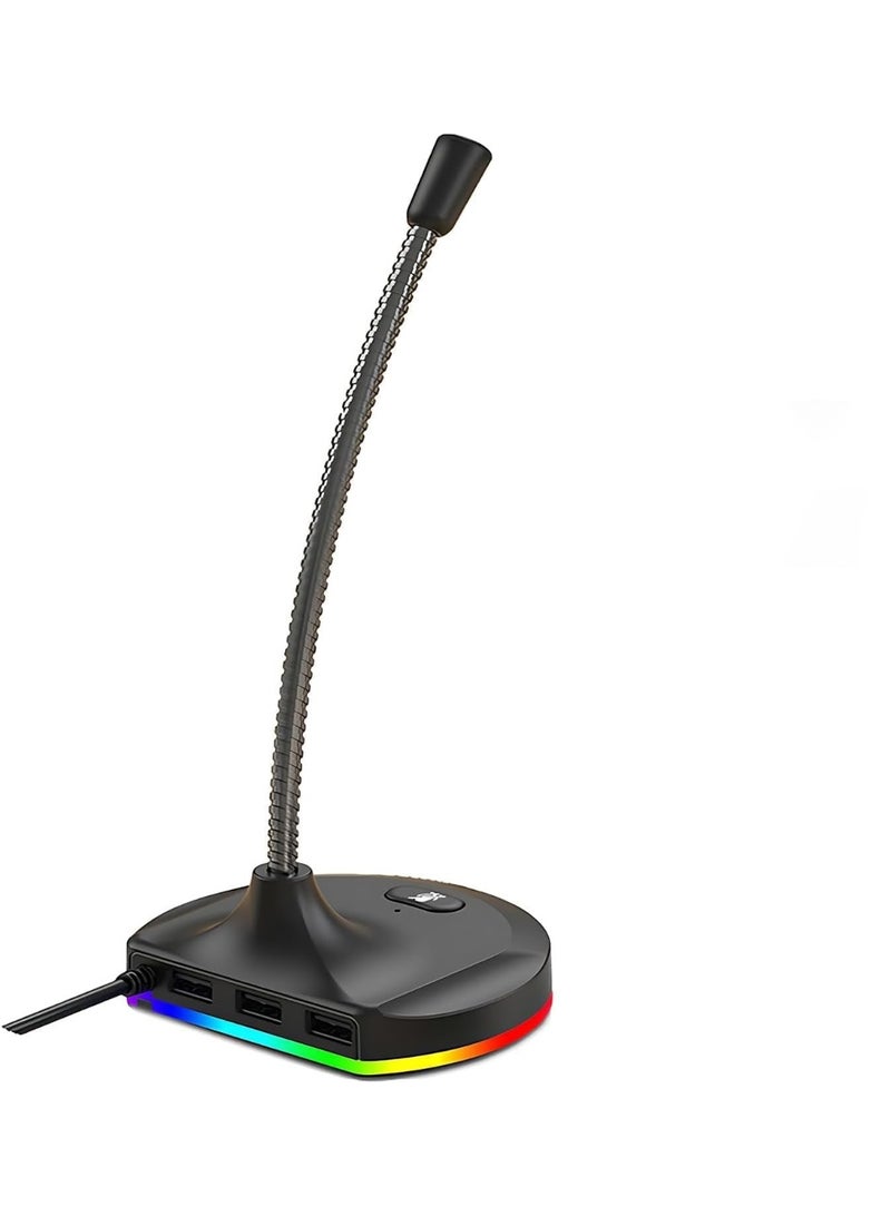 Hedge 2-in-1 USB Desktop Microphone with 3-Port USB 2.0 Hub Low Noise Omnidirectional Mic with RGB Lighting Mute Button, Flexible Gooseneck for Meetings, Gaming & Online Classes - Image 1
